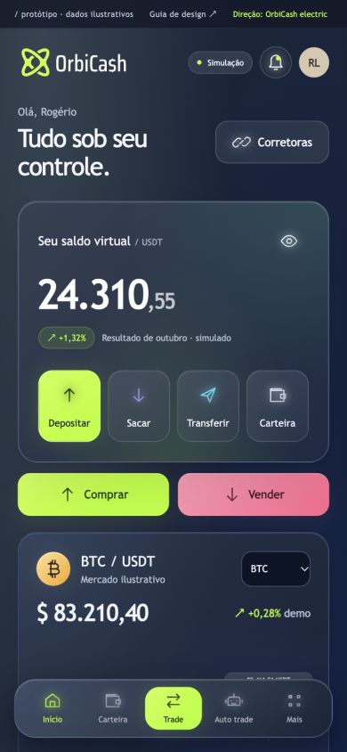 OrbiCash mobile com logo oficial e valores em negrito